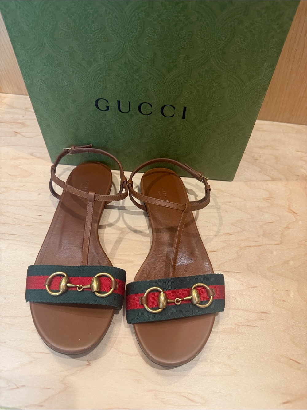 Gucci Brown Leather T-Strap Sandals with Green and Red Web & Gold Horsebit
